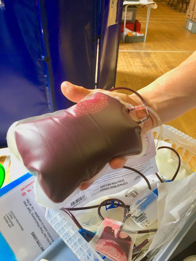 Blood donation bag and collection line